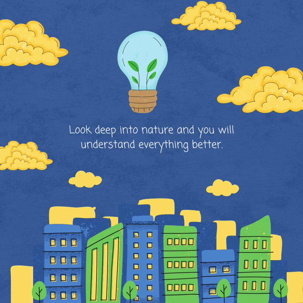 Illustration of eco-friendly cityscape with a glowing light bulb containing green leaves, surrounded by clouds, and a quote promoting nature awareness. Renewable Energy