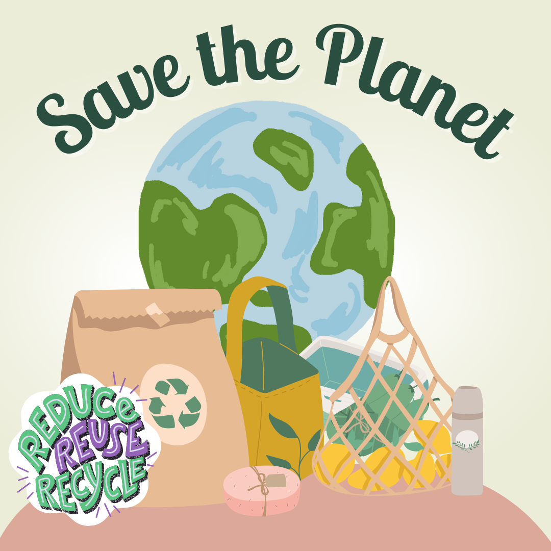 Eco-friendly lifestyle products promoting renewable energy and sustainability with "Save the Planet" message.