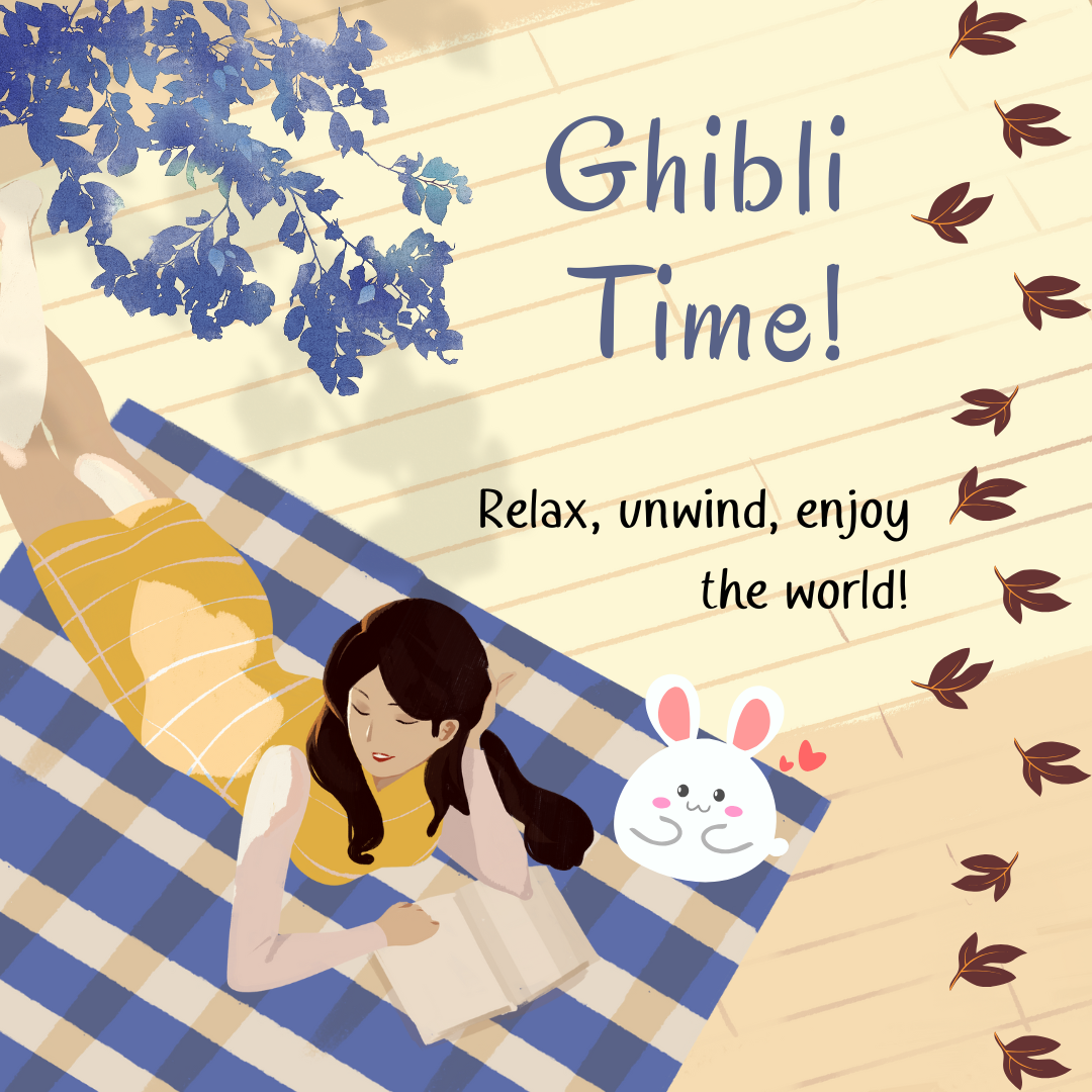 Woman reading a book on a striped blanket under a tree, surrounded by calming Ghibli art elements and a cute white bunny.