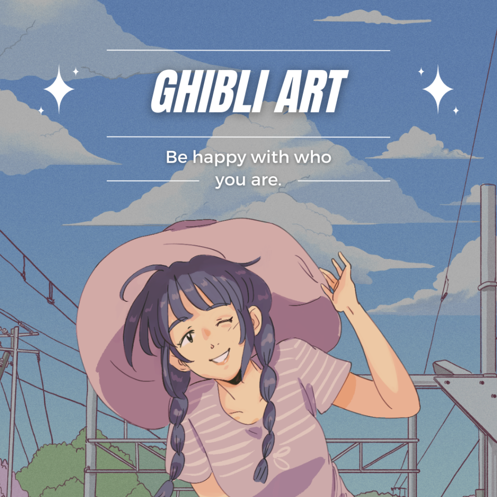Smiling girl with braids and a sunhat posing under a blue sky in Ghibli art style, with a message about self-love.